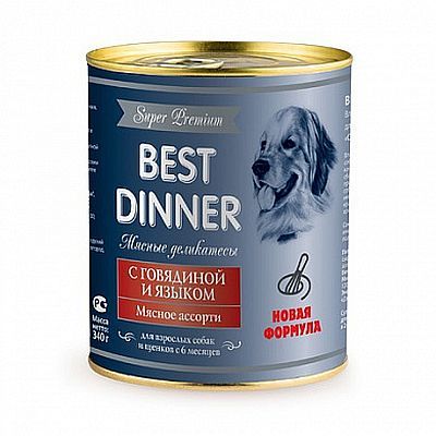 Best Dinner Super Premium  Консервы для собак с говядиной и языком для взрослых собак и щенков с 6 месяцев, 340 г